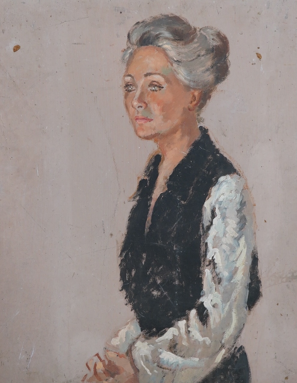 20th century English School, oil on canvas board, Half length portrait of a woman, 51 x 40cm, unframed. Condition - poor